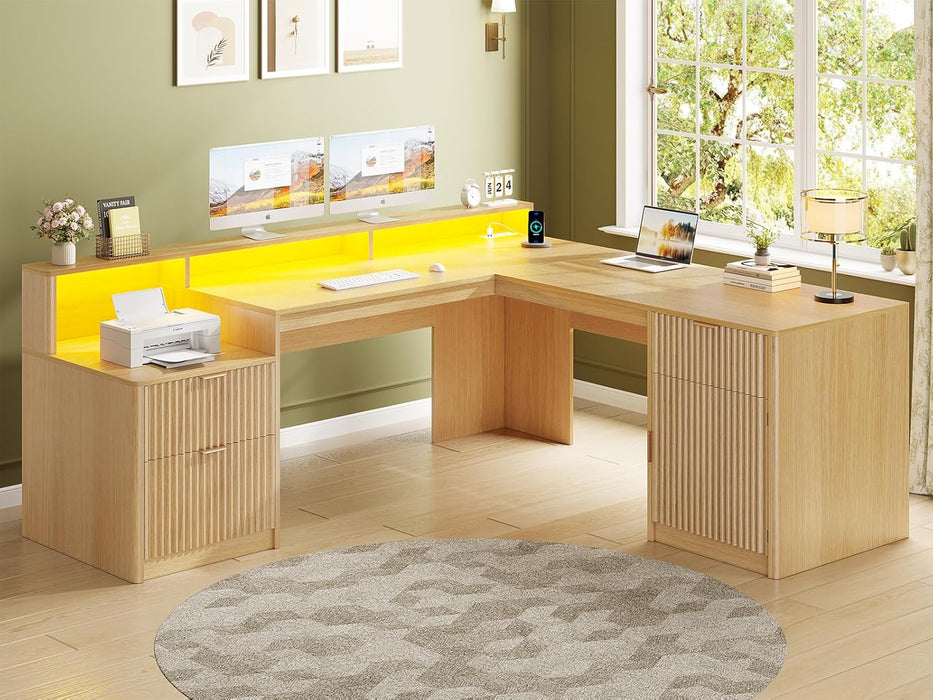 66" Modern L Shaped Desk with Drawers, Fluted Home Office Desk with File Cabinet and Printer Shelf, Wood Executive Desk with Monitor Stand, Power Outlets, Led Lights, Oak