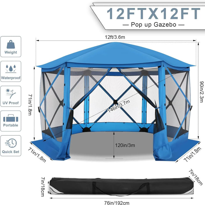 12X12 Pop-Up Gazebo Starry Sky Screen Canopy Tent Screen House for Camping, Screen Room with Mosquito Netting, Hub Tent Instant Screened Canopy with Carrying Bag and Ground Stakes, Blue