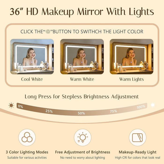 Vanity Desk with Mirror and Lights, 50” Modren Makeup Vanity with 35.43" Mirror and 5 Drawers, Makeup Table with Charging Station for Women and Girls, Bedroom (Natural)