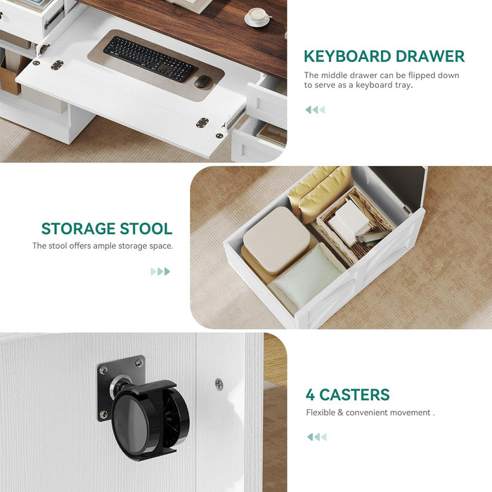 Antique White Computer Workstation Stool With Drawers