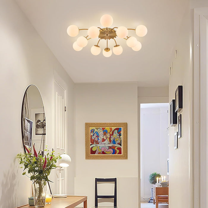 38.1 In. 12-Light Mid Century Modern Sputnik Chandelier Gold Semi Flush Mount Ceiling Light, Opal Glass Bubble and Blossom Accent Milk Glass Bubble Lighting Fixture for Dining Living Entry