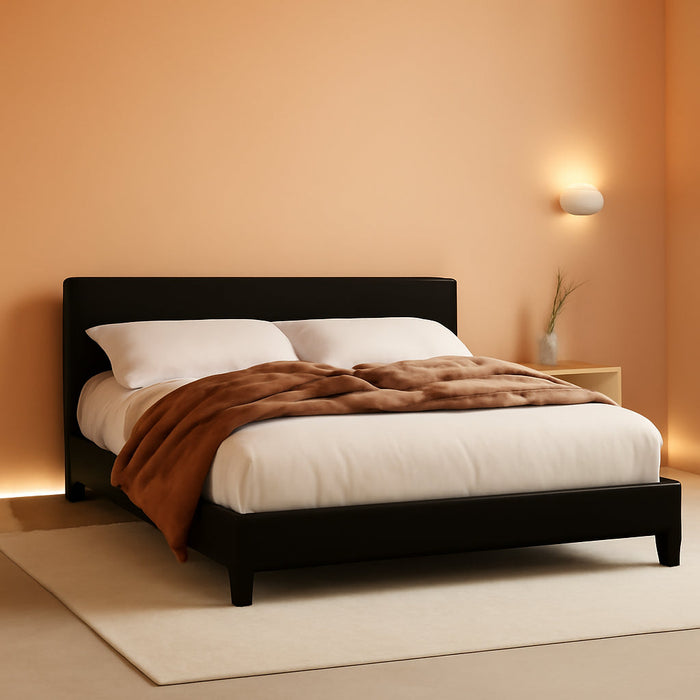 Queen Bed Frame with Adjustable Headboard, Faux Leather Platform Bed with Wood Slats, Heavy Duty Mattress Foundation, No Box Spring Needed, Noise-Free, Easy Assembly, Black
