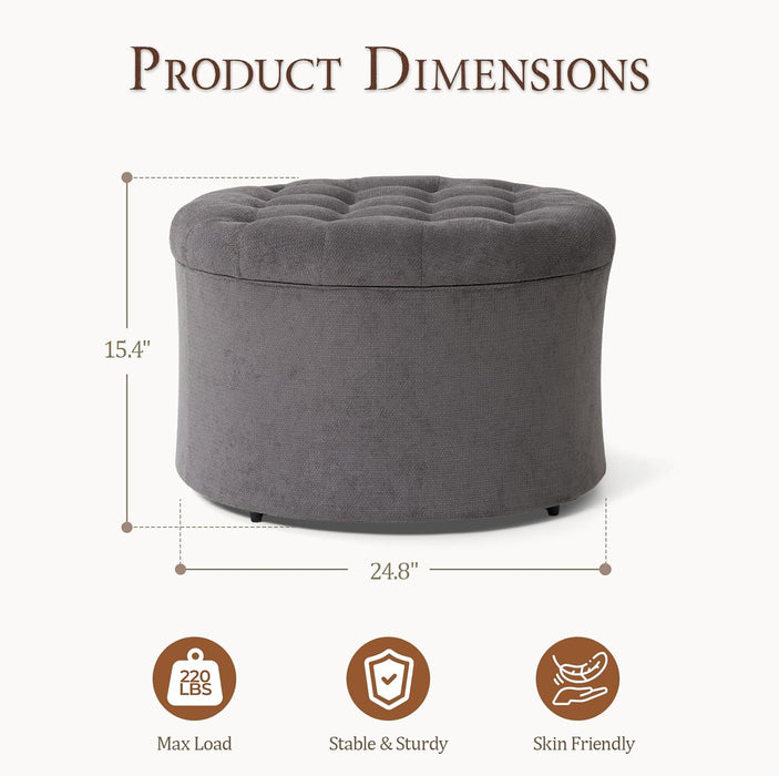 25" Ottoman with Storage, round Pouf Ottoman Foot Rest, Small Storage Foot Stool for Couch Bedroom Living Room, Books, Blankets & Kid'S Toy Box, Load up to 220 Lbs, Grey