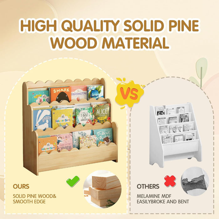 3-Tier Solid Pine Wood Scalloped Bookshelf, Natural | Montessori Bookshelf, Wooden Book Shelf Organizer, Display Furniture, for Playroom, Nursery and Classroom