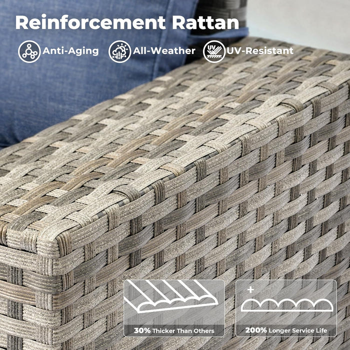 7 Pieces Patio Furniture Set, Outdoor Wicker Sectional Sofa with 42 Inch Fire Pit Table Comfy Cushions, Modern Modular Deep Seat Rattan Couch Conversation Set, Denim Blue