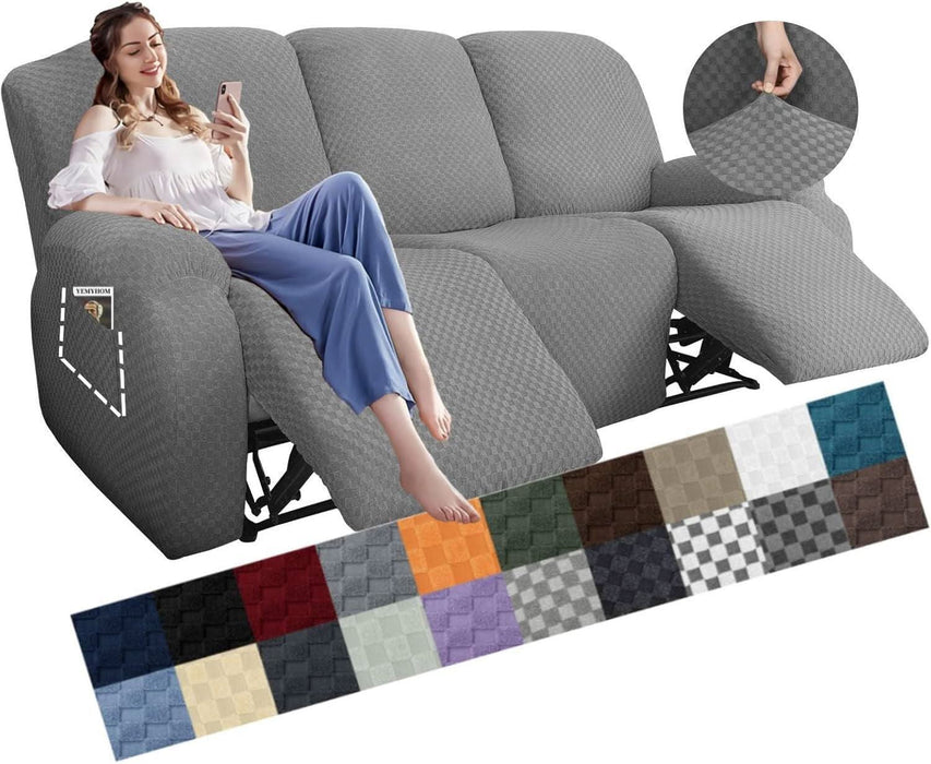 8 Pieces Stretch Recliner Sofa Cover Latest Jacquard Reclining Couch Cover with Side Pocket Anti-Slip Fitted 3 Cushion Furniture Slipcovers with Elastic Bottom (Sofa Recliner, Light Gray)