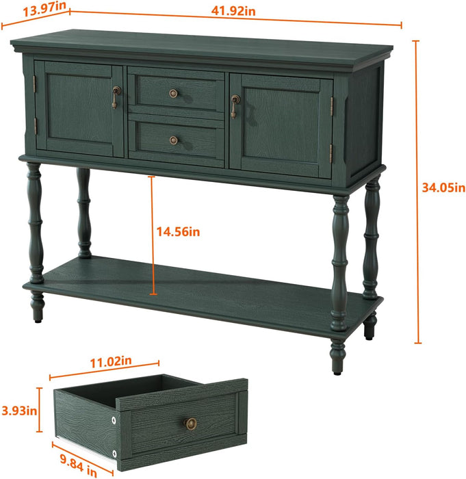 Console Table with 2 Drawers, Retro Entryway Table with 2 Door Cabinets and Open Storage Shelf, Narrow Long behind Couch Sofa Table for Living Room, Foyer, Hallway, Green