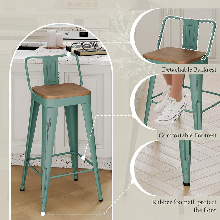 Bar Stools Set of 4, 24" Distressed Barstools, Green Blue | Metal Modern Industrial Counter Height Stools, Distressed, Wooden Seat, Footrest, Counter Height, Set of 4, 350 Lb