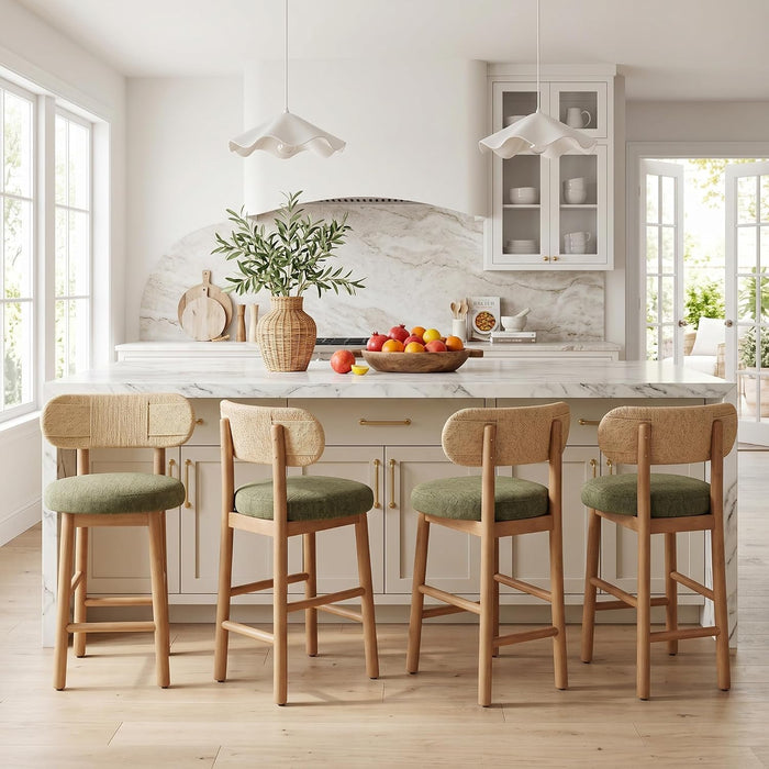 Counter Height Bar Stools Set of 2, Modern Upholstered round Counter Stools with Natural Woven Rope Back and Solid Wood Legs, Boho Barstools for Kitchen Island/Home Bar/Oatmeal - Green Chenille
