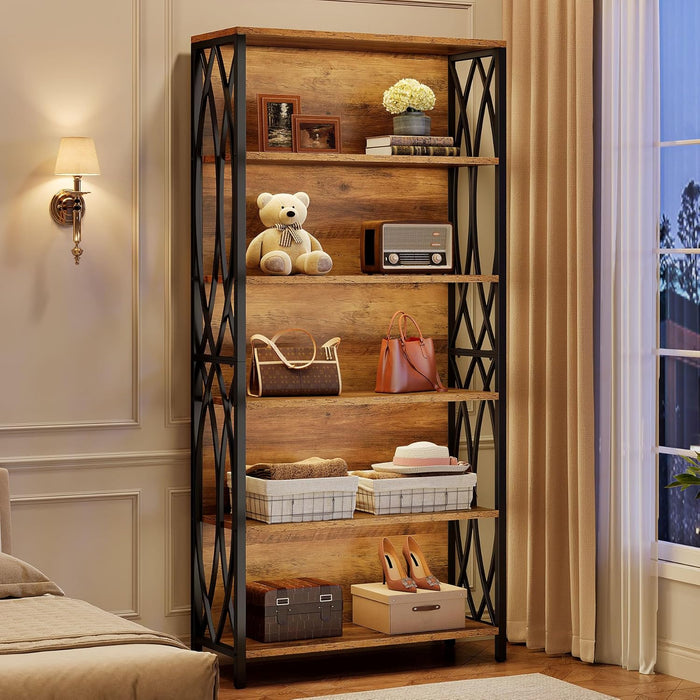 Industrial Six Tier Tall Bookshelf BrownAndBlackFinish