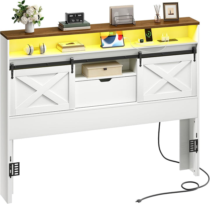 Headboard Queen Size with Storage, Farmhouse Queen Headboard Only with Charging Station and LED Lights, Bookcase Headboards with Flip-Down Drawer, Sliding Barn Doors, White and Walnut