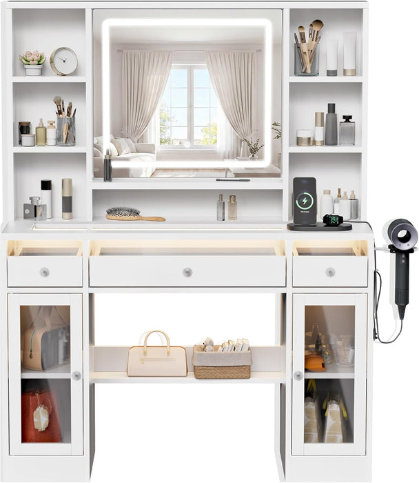43.3" White Large Makeup Vanity Desk with Glass Top & RGB Lights | Smart LED Mirror, Acrylic-Cabinet, Charging-Station, Hairdryer-Rack