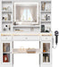 43.3" White Large Makeup Vanity Desk with Glass Top & RGB Lights | Smart LED Mirror, Acrylic-Cabinet, Charging-Station, Hairdryer-Rack