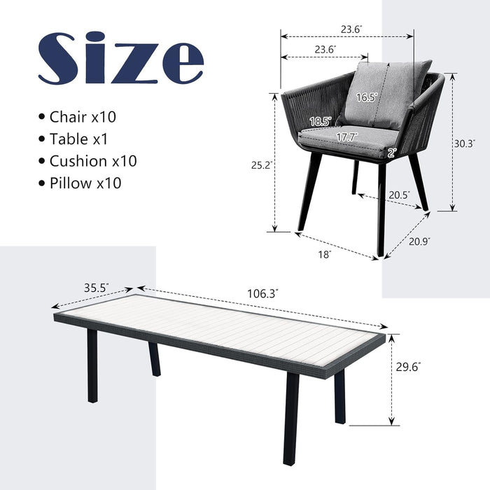 11 Pieces Patio Dining Set for 10 - All Weather Outdoor Dining Sets, All in One Outdoor Table and Chairs, Wicker Outdoor Patio Furniture Sets with Cushions and Pillows, Grey