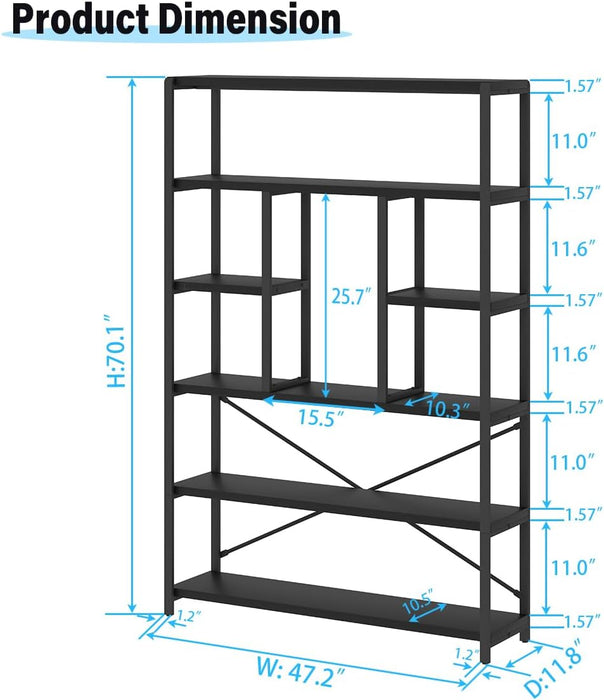 6 Tier Industrial Bookshelf for Bedroom Living Room Office, Black Oak