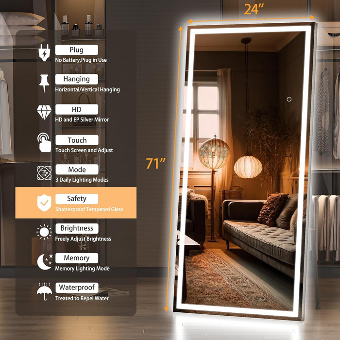 Full Length Mirror with Lights, 71" X 24" LED Lighted Floor Standing, Full Body Dressing Hanging Mounted Mirror, Dimmable, Tempered Glass, Safe to Use, Square Black