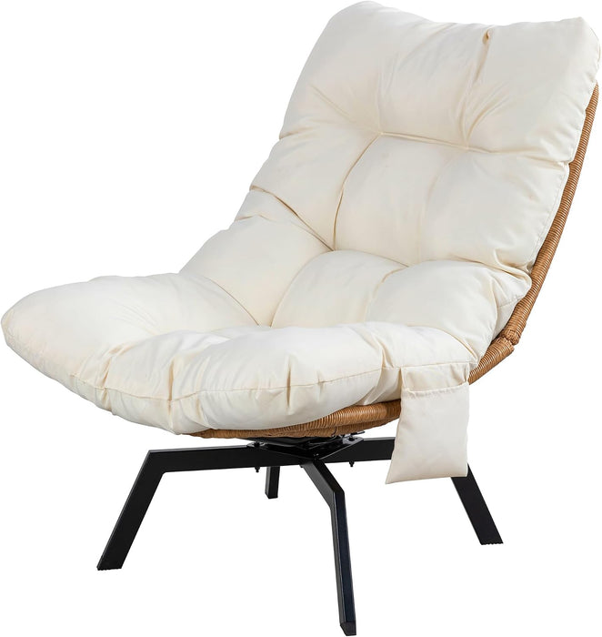 Swivel Wicker Chair PE Rattan Chair with Cushion, Oversized Patio Lounge Chair for Outdoor, Indoor, Balcony, Backyard, Garden, Living Room, Beige