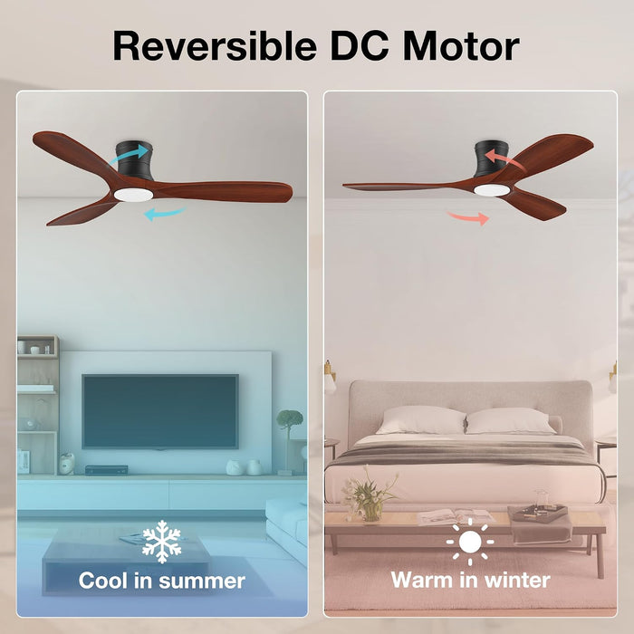 52 Inch Smart Low Profile Ceiling Fans with Lights Remote,Wood,Flush Mount