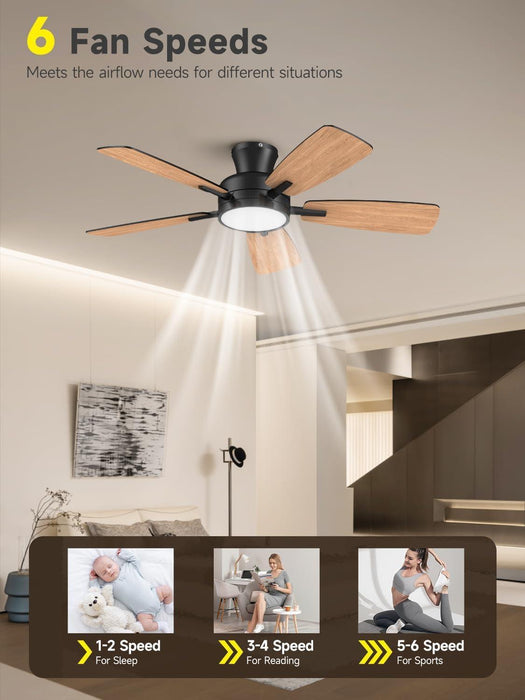 Ceiling Fans with Lights and Remote, 46 Inch Low Profile Ceiling Fan with Light, Flush Mount, Reversible, 3CCT, Dimmable Black Modern Ceiling Fan for Bedroom, Living Room, Outdoor Patio