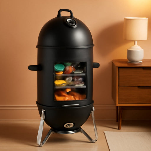 Vertical 18.8 Inch Steel Charcoal Smoker, Heavy Duty 3-In-1 Portable Outdoor Grill Cooker with Built-In Thermometer for Outdoor Backyard Cooking Grilling Camping