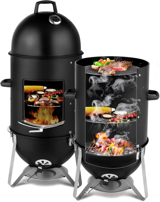 4-Tier 3-In-1 Vertical Charcoal Grill, BBQ Charcoal Smoker with Built-In Thermometer, Air Vent, and Access Doors, Perfect for Camping, Picnics, Backyard Bbqs, and Tailgating Parties