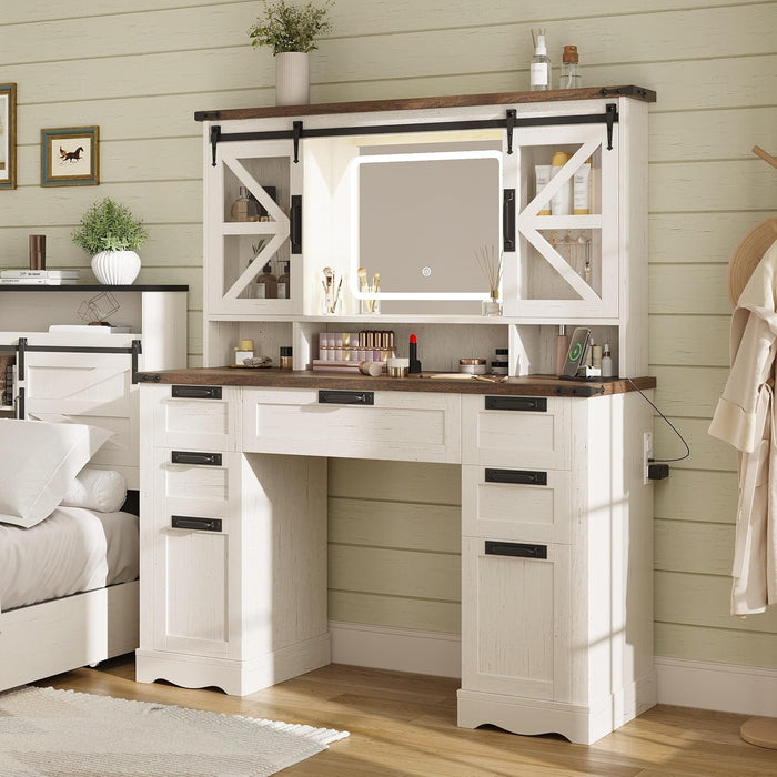 Farmhouse Makeup Vanity with Sliding Cabinets, White Vanity Desk with Lights Mirror and Power Outlet, Rustic Dressing Table with 4 Drawers&2 Storage Cabinets for Bedroom