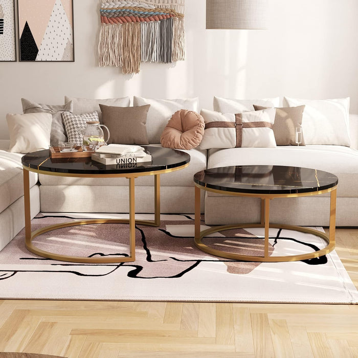 round Coffee Table Nesting Tables Set of 2, Large : Ø 34.0", Small : Ø 26.0", Modern Design Coffee Tables for Living Room, Gold Metal Frame Circle Cocktail Table, High Glossy Faux Black Marble