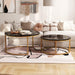 round Coffee Table Nesting Tables Set of 2, Large : Ø 34.0", Small : Ø 26.0", Modern Design Coffee Tables for Living Room, Gold Metal Frame Circle Cocktail Table, High Glossy Faux Black Marble