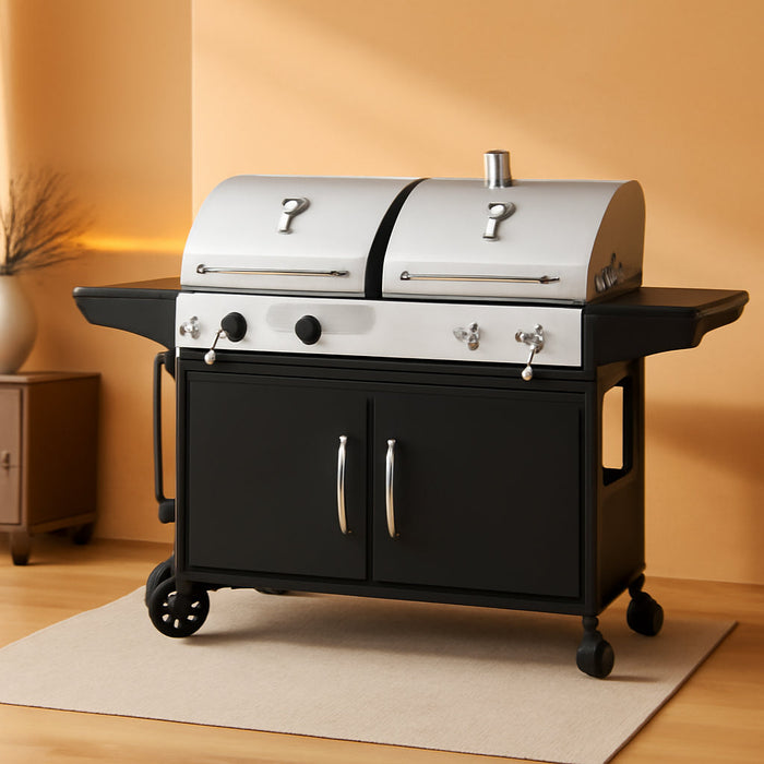 ZH3002N Propane Gas and Charcoal Grill Combo, Dual Fuel BBQ Grill with 2 Side Shelves for Outdoor Patio Garden Backyard Barbecue, 20,000 Btus, Silver & Black