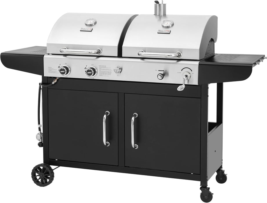 ZH3002N Propane Gas and Charcoal Grill Combo, Dual Fuel BBQ Grill with 2 Side Shelves for Outdoor Patio Garden Backyard Barbecue, 20,000 Btus, Silver & Black