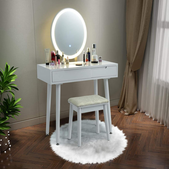 Vanity Set with Lighted Mirror, 3 Modes Adjustable Brightness Mirror, Makeup Dressing Table with Cushioned Stool, 2 Sliding Drawers with Divider, Modern Bedroom Vanity for Girls Women (White)