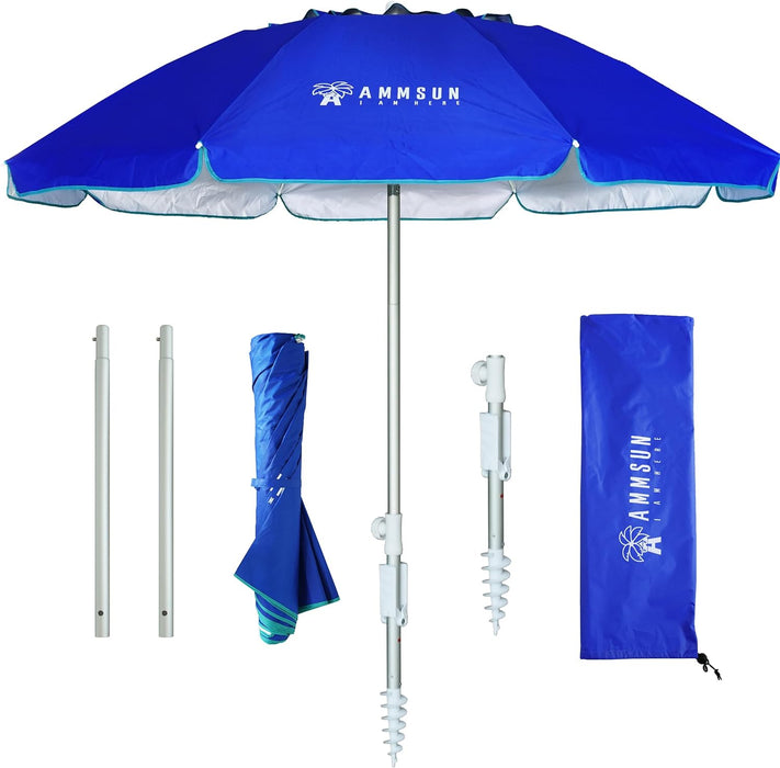 6.5Ft Twice Folded Portable Beach Umbrella with Sand Anchor Windproof, Push Button Tilt and Air Vent UV 50+ Protection Fits in a Large Suitcase for Patio Garden Beach Pool Backyard Blue