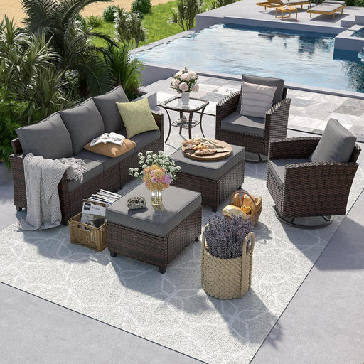 Patio Furniture Set with Swivel Rocking Chair, 6 Pcs Outdoor Couch