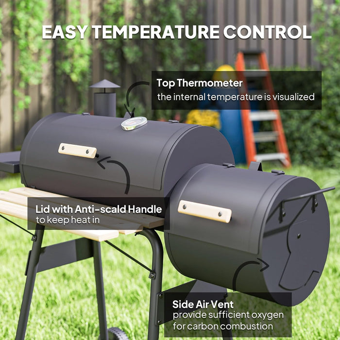 Charcoal Grill with Offset Smoker, 231 Sq.In. Cooking Area, Barrel BBQ Grill and Smoker Combo with Side Tables, Shelf, Thermometer, Wheels for Outdoor Patio Backyard Party Event Gathering