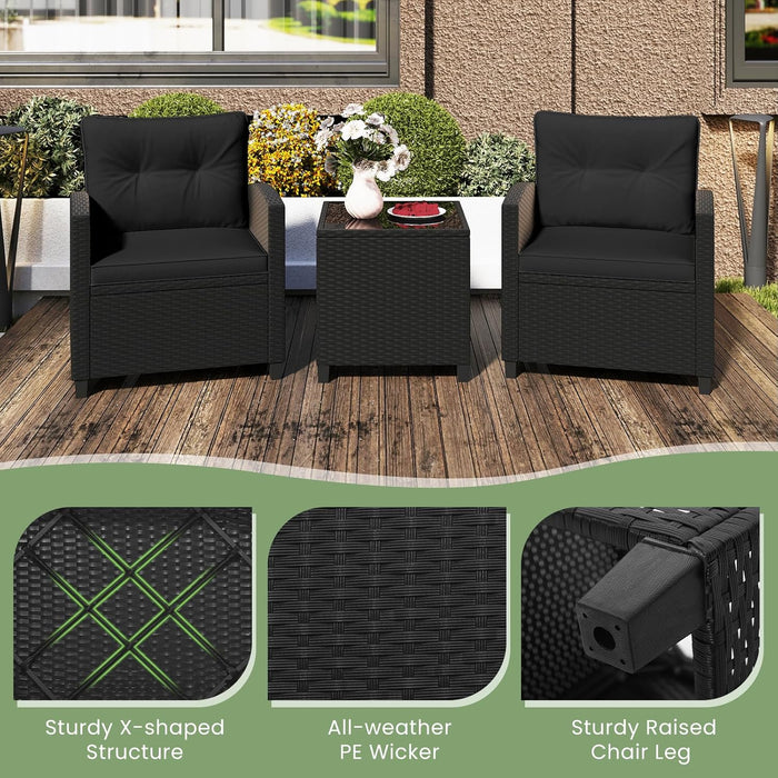 3 Pieces Patio Furniture Set, Wicker Conversation Set Outdoor Chairs with Cushions, Glass Coffee Table, Rattan Bistro Set for Front Porch Balcony Garden Deck Poolside (Black)