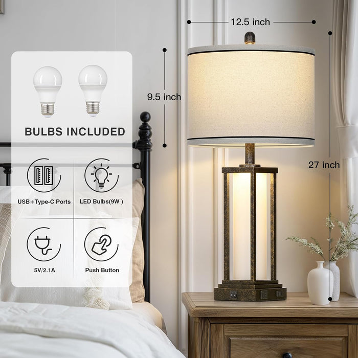 27Inch Tall Bedside Table Lamps with Charging Ports for Living Room,Traditional Lamp with Night Light for Bedroom Nightstand,Single Bronze