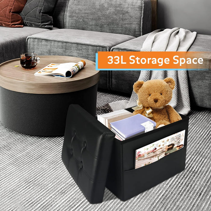 ® Folding Storage Ottoman Square Cube Foot Rest Footstool with Side Pocket,Leather Ottoman Seat for Living Room or Bedroom,Padded with Thick Sponge (Black 2PC, 16 * 12 * 12 Inches)