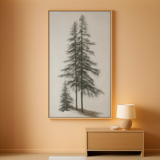 Large Framed Vertical Vintage Pine Tree Wall Art for Living Room, Neutral Sketch Rustic Classic Beige Canvas Artwork for Walls, Nordic Forest Farmhouse Wall Decor for Bedroom Hallway Office, 30X60 In