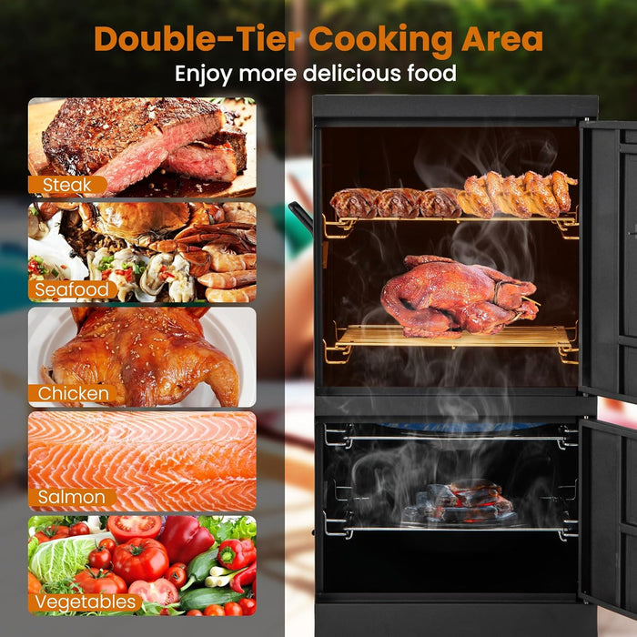 Outdoor Smoker with Double Doors, 2 Detachable Grill Netting Smoking Racks, Charcoal Pan & Water Pan, 4 Air Vents, Thermometer, Vertical Charcoal Smoker for Barbecue Camping Backyard Grill
