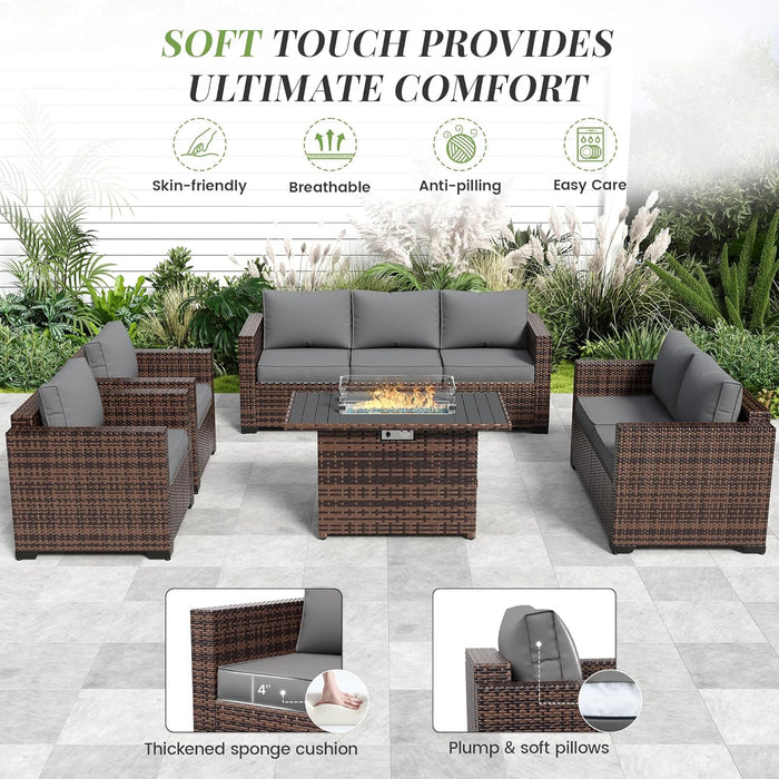 Oversized Outdoor Sectional Sofa Set with 44" Metal Fire Pit Table & Storage Coffee Table - Waterproof Wicker Patio Furniture Set, Modular Furniture with Removable Cushions (Grey)