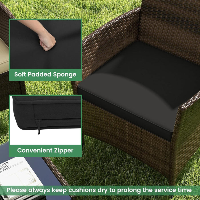 4-Piece Patio Furniture Set - Rattan Outdoor Conversation Bistro Set W/Cushions, Glass Coffee Table, Wicker Chairs & Loveseat for Garden Backyard Porch, Balcony Furniture Set (1, Black)