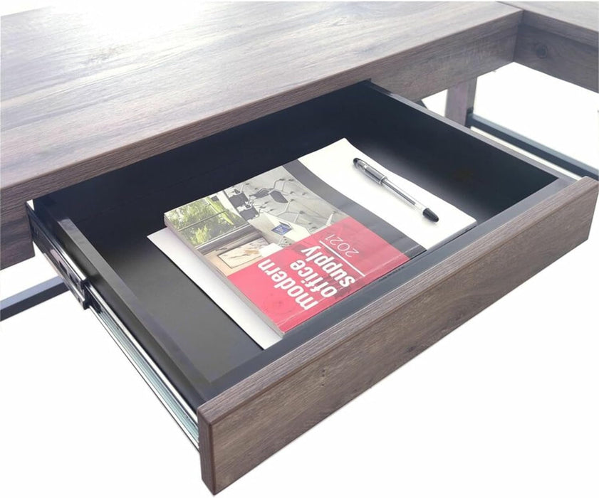 LYS L-Shaped Industrial Desk - Gray Oak Top - 29.50" Height X 67" Width X 52.13" Depth