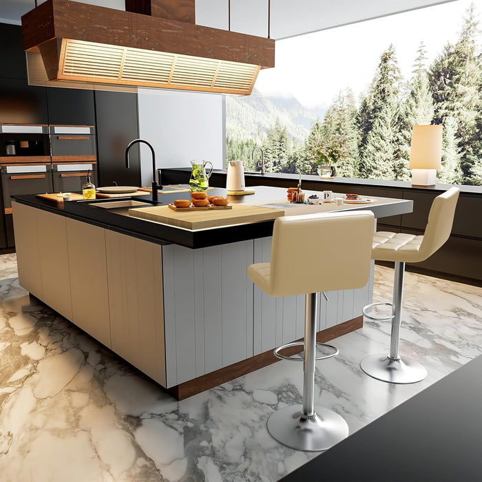 Bar Stools Modern PU Leather Adjustable Swivel Barstools, Armless Hydraulic Kitchen Counter Bar Stool Extra Height Square Island Barstool with Back Set of 2 (Leather, Beige)