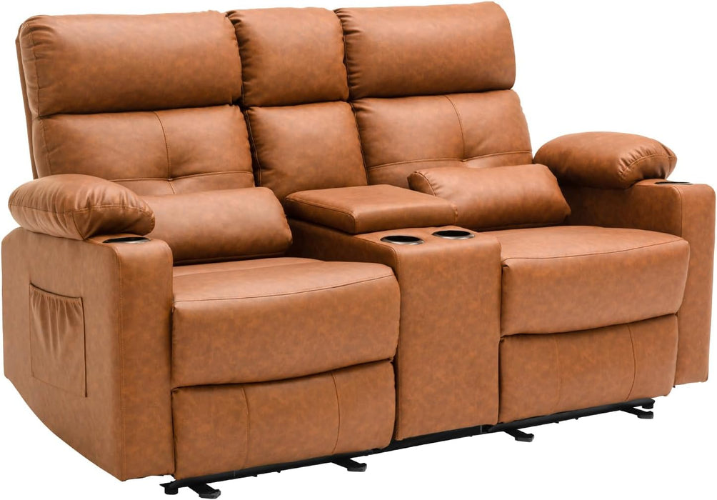 Power Loveseat Recliner Sofa with Console, Loveseat Reclining Sofa with Heat & Massage, Home Theater Seating with Lumbar Pillow for Living Room, RV Recliner Loveseat(Pu, Yellowish Brown)