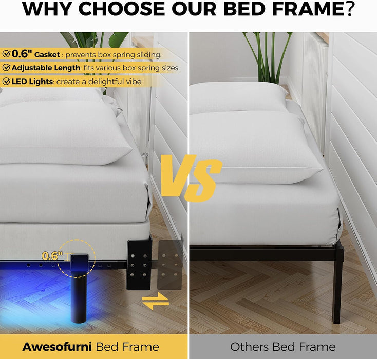 Full Bed Frame with LED Lights, 7 Inch Heavy Duty Metal Base for Box Spring