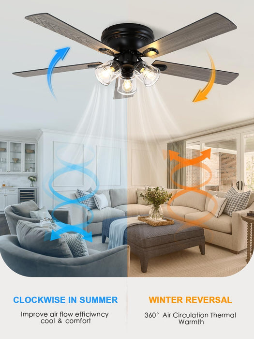 52 Inch Vintage Ceiling Fan with Light and Remote Control | Flush Mount Chandelier Fandelier Rustic with 6 Speeds 5 Reversible Blades for Bedroom Kitchen Dining Room