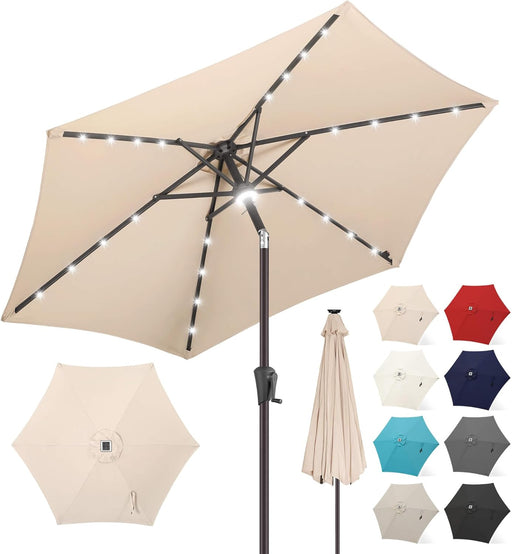 10Ft Solar Outdoor Umbrella - 24 LED Lighted Patio Umbrella with Centre Surround Light, Table Umbrellas with Tilt & Crank for Pool, Porch, Garden, Deck, Backyard UV Protection (Beige)