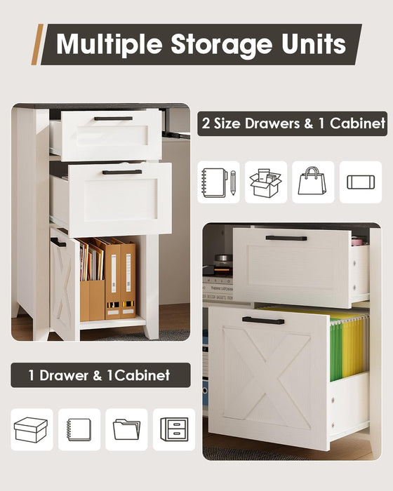 Farmhouse L Shaped Executive Desk with Drawers, 59''Home Office Corner Desks with Charging Station,File Cabinets,Storage Compartments Wood Computer Desk Writing Table W/Keyboard Tray,White