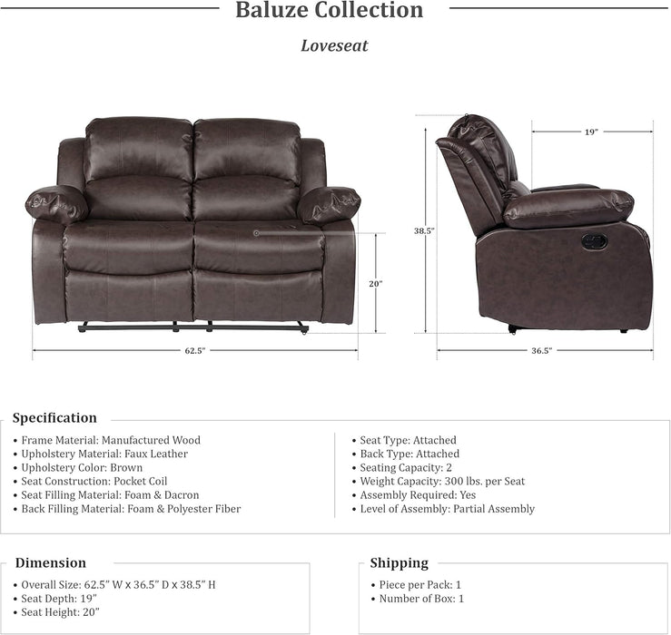 Manual Recliner Loveseat - Brown Faux Leather