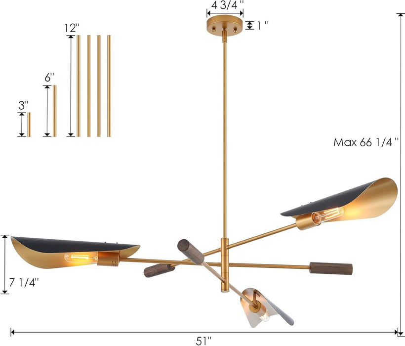 51" Industrial Farmhouse Chandelier with Antique Brass Brush Paint and Matt Black Finish, Wood Pendant Lighting Fixture for Dining Room Living Room Kitchen Island Bedroom 3-Light